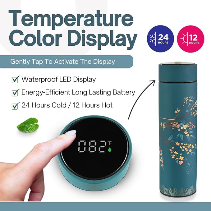 Farasi Tea Infuser for Loose Leaf Tea Smart Water Bottle with Fahrenheit Temperature Display, Stainless Steel Insulated Coffee and Fruit Tea Infuser Bottle - Green Floral Travel Tea Mug 15 oz