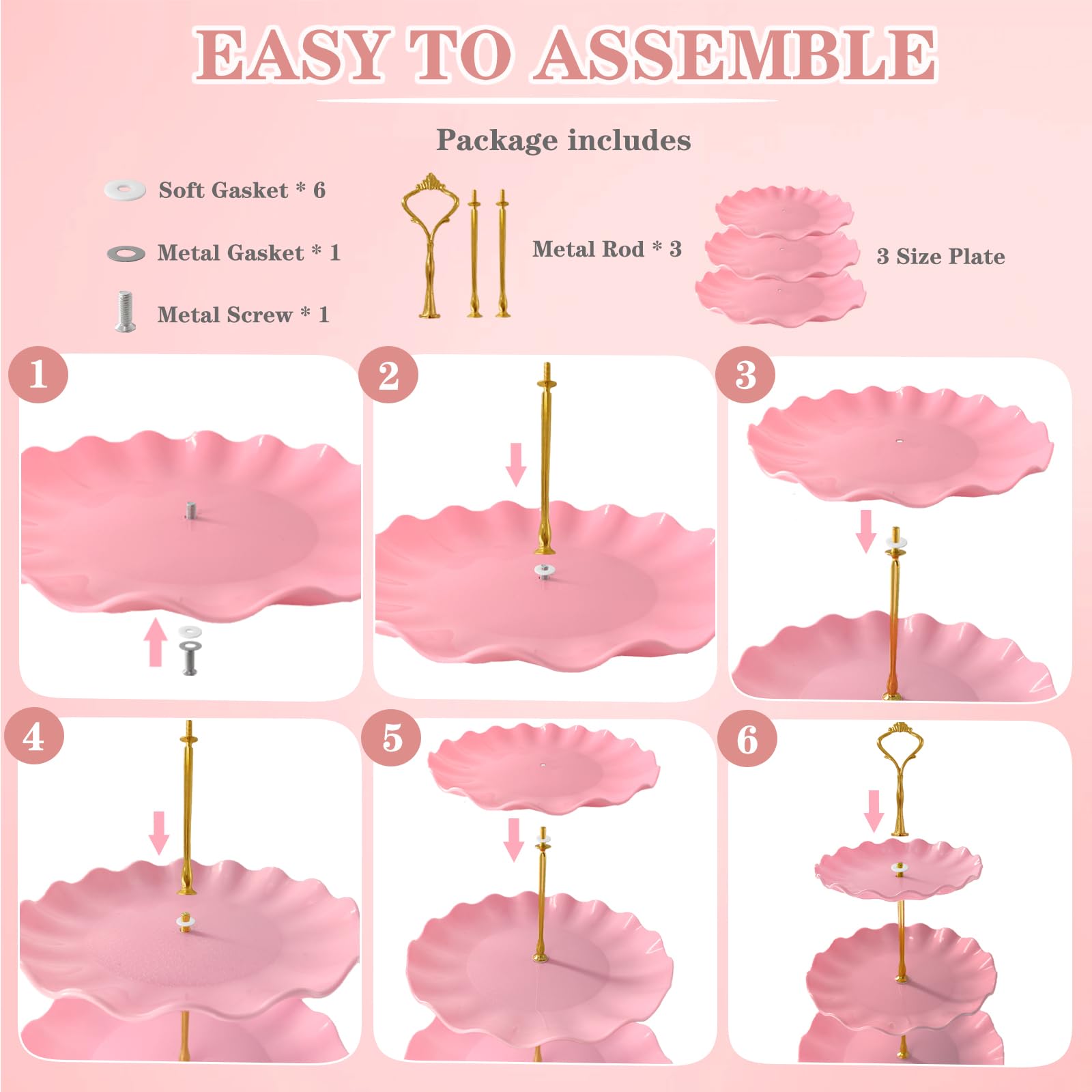 NAXIHOPT 5 Pcs Dessert Table Display Set, Pink Plastic 2 Pcs Round 3 Tier Cupcake Stand Cup Cake Tower Stand with Metal Rod & 3 Pcs Serving Tray for Baby Shower, Tea Party, Wedding, Birthday Party