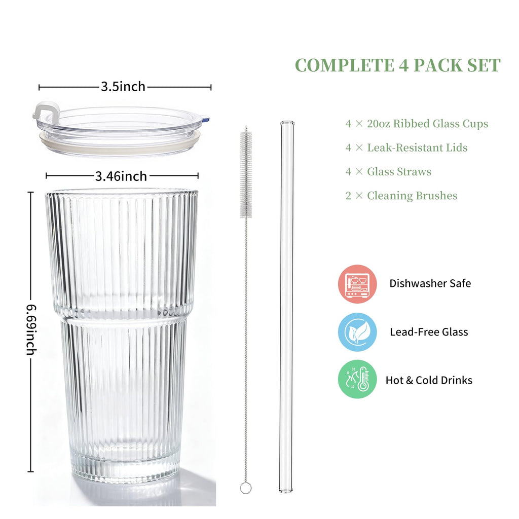 Salpae 20oz Iced Coffee Cups with Lids and Straws, Ribbed Glass Tumblers