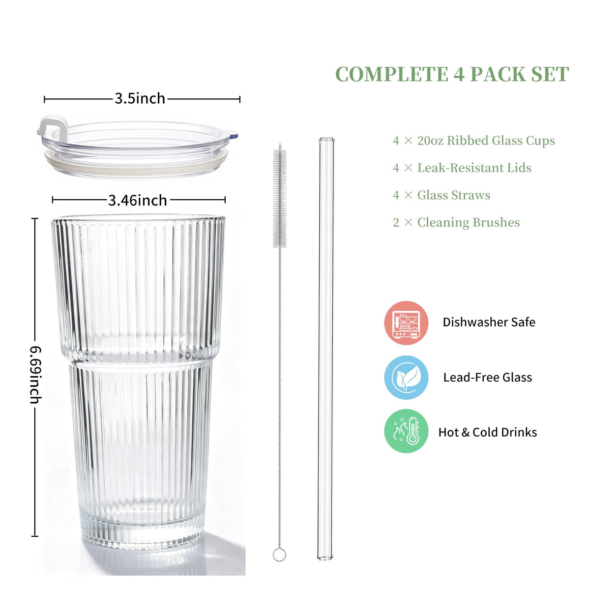 Salpae 20oz Iced Coffee Cups with Lids and Straws, Ribbed Glass Tumblers