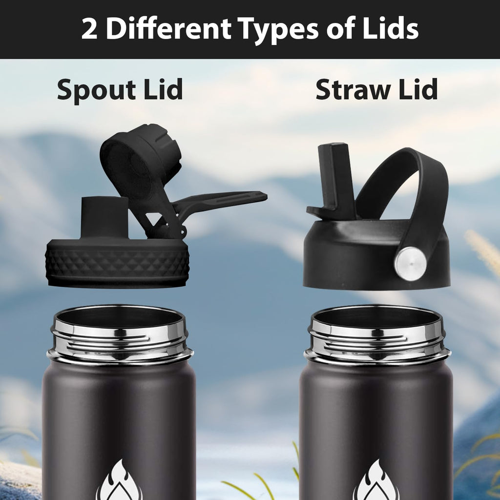 SENDESTAR Stainless Steel Water Bottle, Insulated Water Bottle 40 oz with New Straw Lid or Spout Lid Keeps Liquids Hot or Cold with Double Wall Vacuum Insulated Bottle (Black)