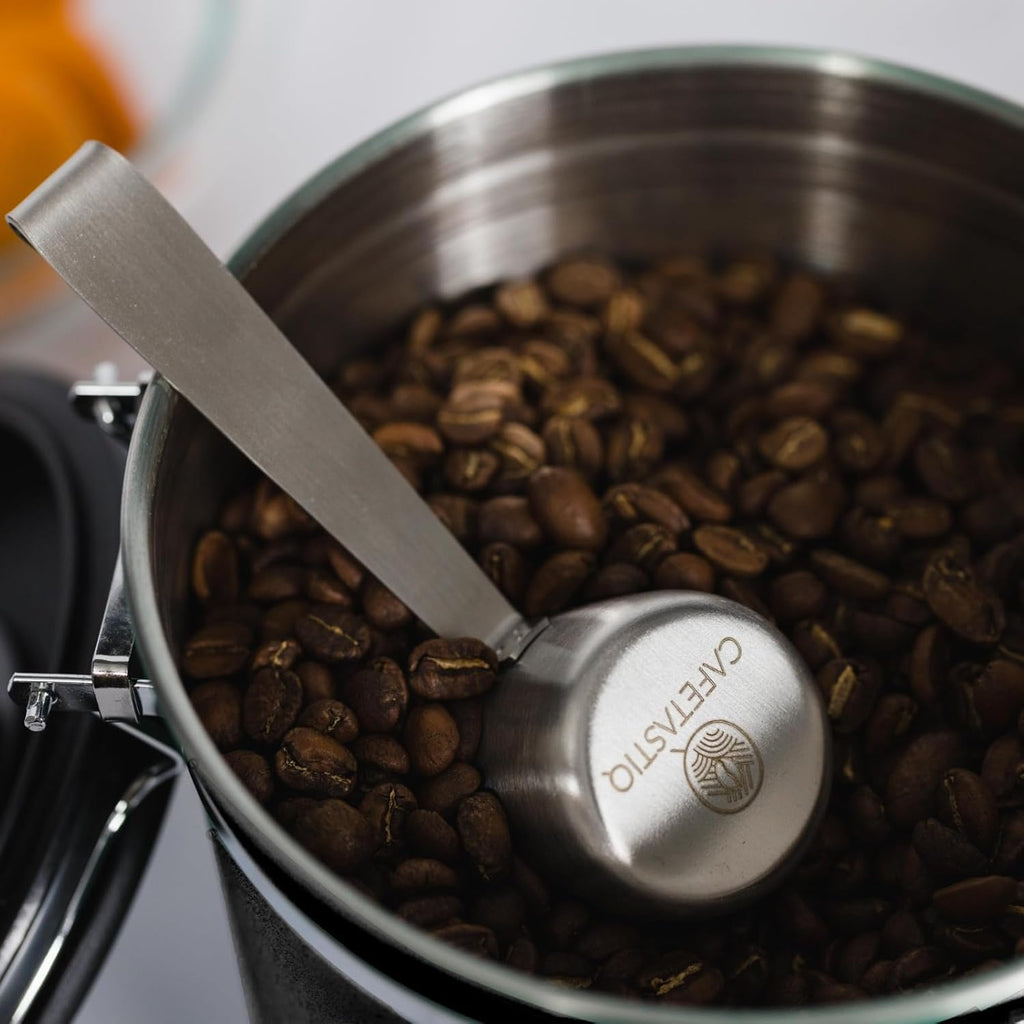 CafetastiQ Coffee Canister – Airtight Stainless Steel Storage Container with Date Tracker & Scoop, Sealed Jar for Grounds, Beans, Tea, Flour, Cereal, and Sugar (Black Esspresso, 22OZ)