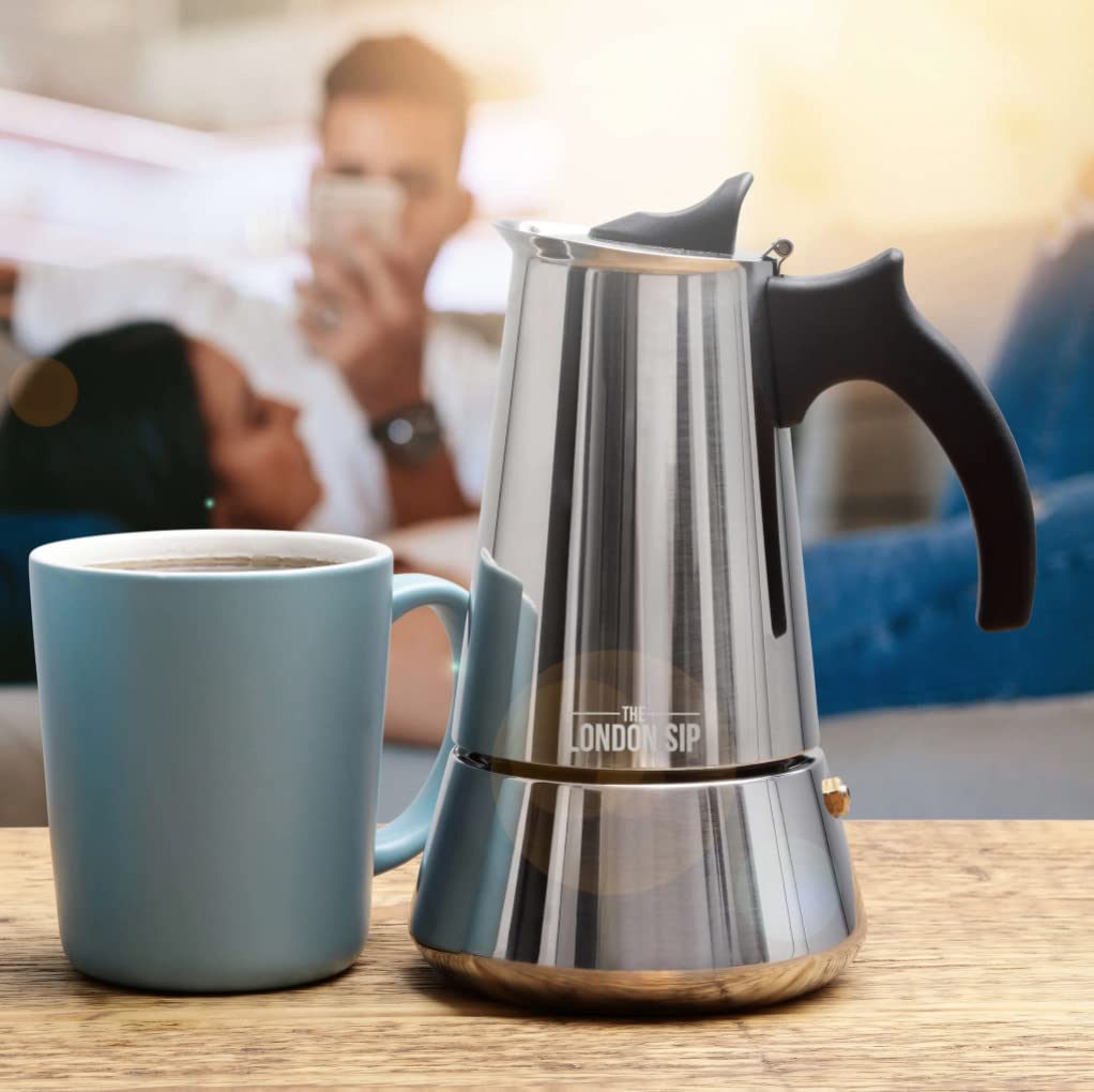 London Sip Stainless Steel Stovetop Espresso Maker Moka Pot Italian Coffee Percolator, Silver, 6 Espresso Cups