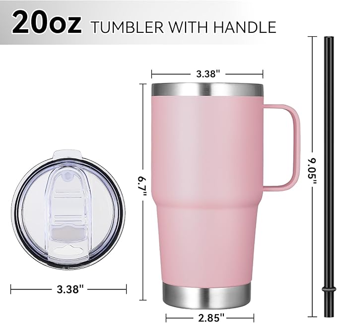 VEGOND 20 oz Tumbler Bulk with Handle Lid and Straw, Stainless Steel Insulated Travel Coffee Mug Set, Spill Proof Double Wall Metal Tumblers Cups, Pink 6 Pack