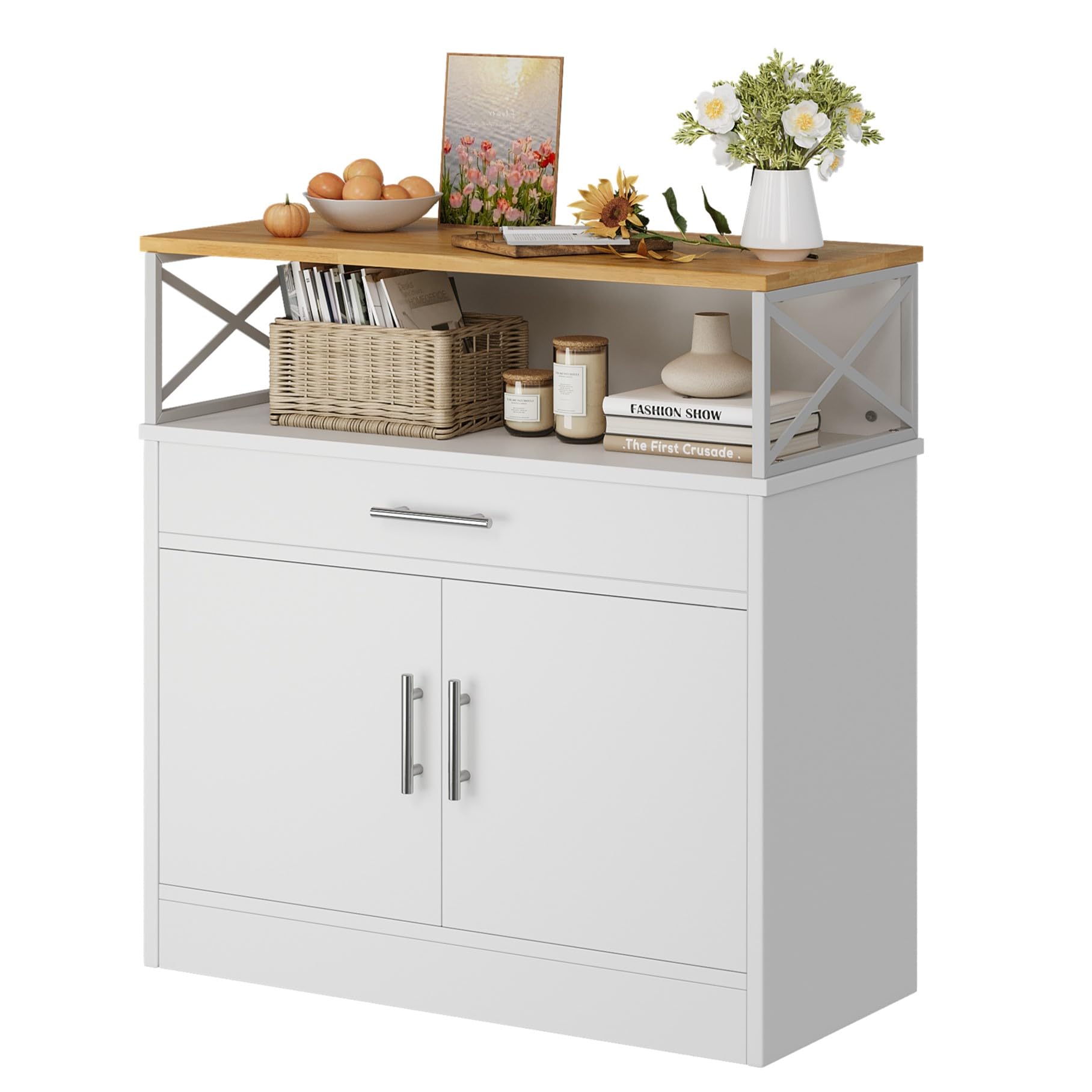 Vongrasig Coffee Bar Cabinet, Farmhouse Kitchen Storage Cabinet with Adjustable Shelf, 31“ Modern Sideboard Buffet Table for Kitchen, Dining Room, White