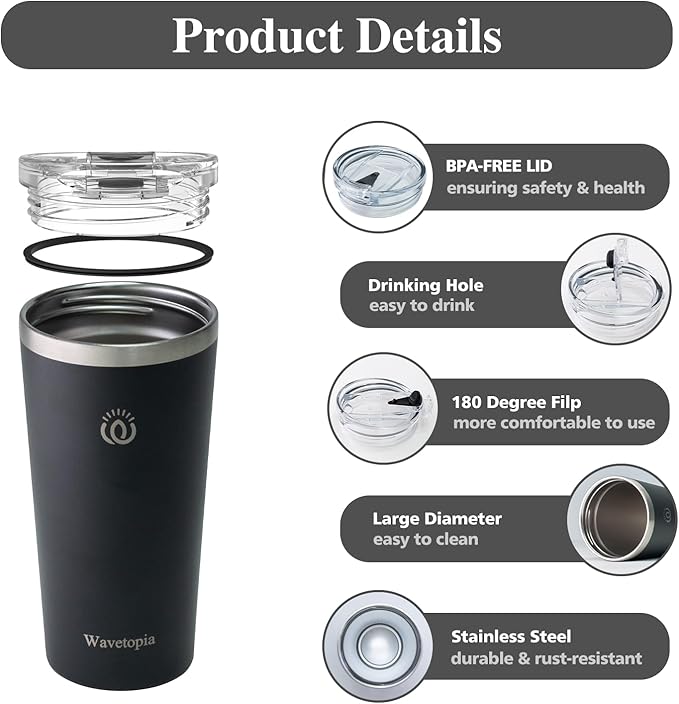 Insulated Coffee Mug with Lid, Reusable Stainless Steel Travel Coffee Cup, 16 Oz Double Wall Vacuum Spill Proof Tumbler Cups for Men and Women Hot & Cold Drinks（Aegean）
