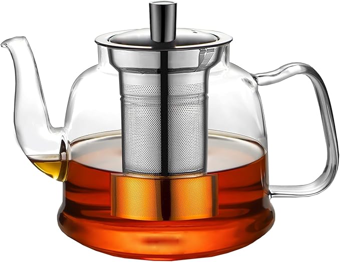 Glass Teapot 1600ml (54oz) - Borosilicate Glass Tea Kettle with Removable Stainless Steel Infuser, Stovetop Safe Heat-Resistant Tea Maker for Blooming and Loose Leaf Tea (1600ml)