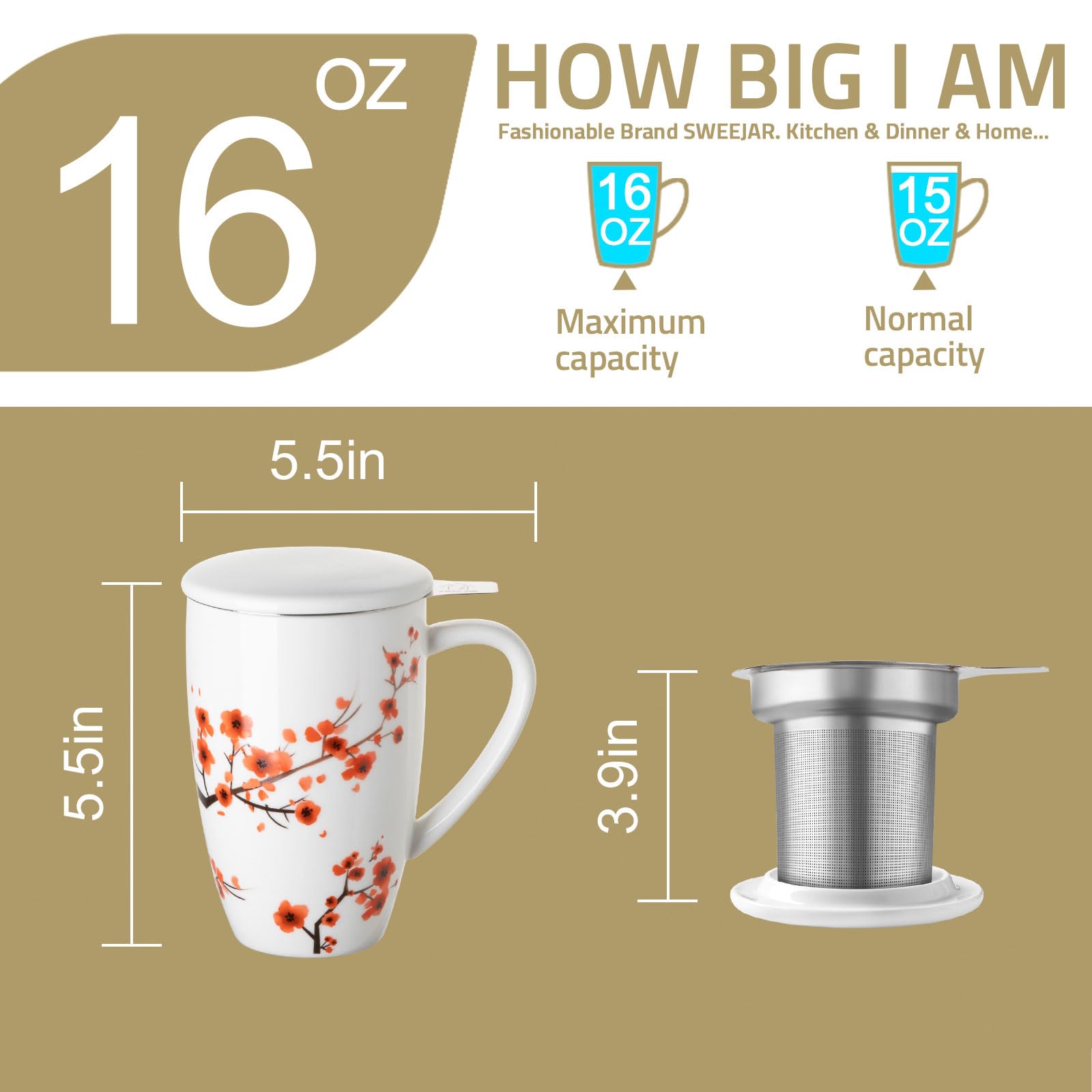 Sweejar Porcelain Tea Mug with Infuser and Lid,Teaware with Filter, Loose Leaf Tea Cup Steeper Maker, 16 Fl Oz for Tea/Coffee/Milk/Women/Office/Home/Gift (Plum Blossom)