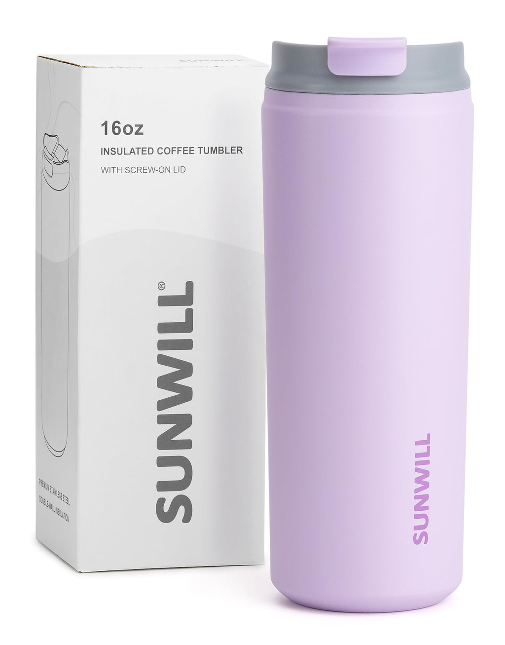 SUNWILL Travel Coffee Mug with Lid, Leak Proof Tumbler Stainless Steel, 16 oz Insulated Cup for Water, Tea, Ice, Powder Coated Lavender