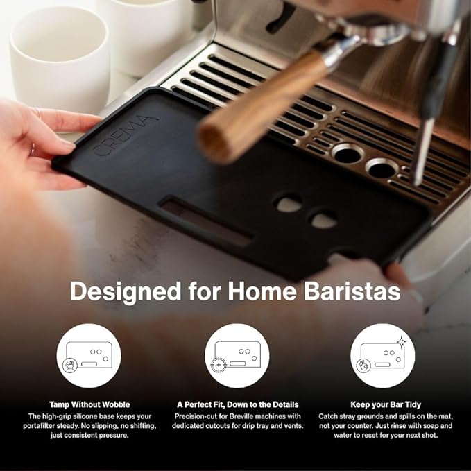 Crema Coffee Products Tamping Mat for Infuser | Non-Slip Silicone Protection for Countertops & Portafilters | Precision Fit with Drip Tray & Vent Holes | Easy to Clean, Durable Espresso Tamping Pad
