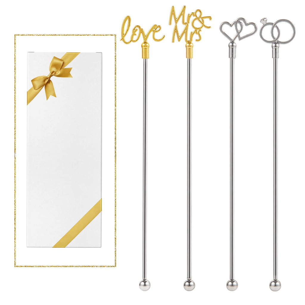 4Pcs Cocktail Stirrers Swizzle Sticks Stainless Steel 7.3" Coffee Stir Sticks with Gold Mr & Mrs,LOVE Shape, for Mixing Cocktail Metal Stir Sticks for Coffee Bar