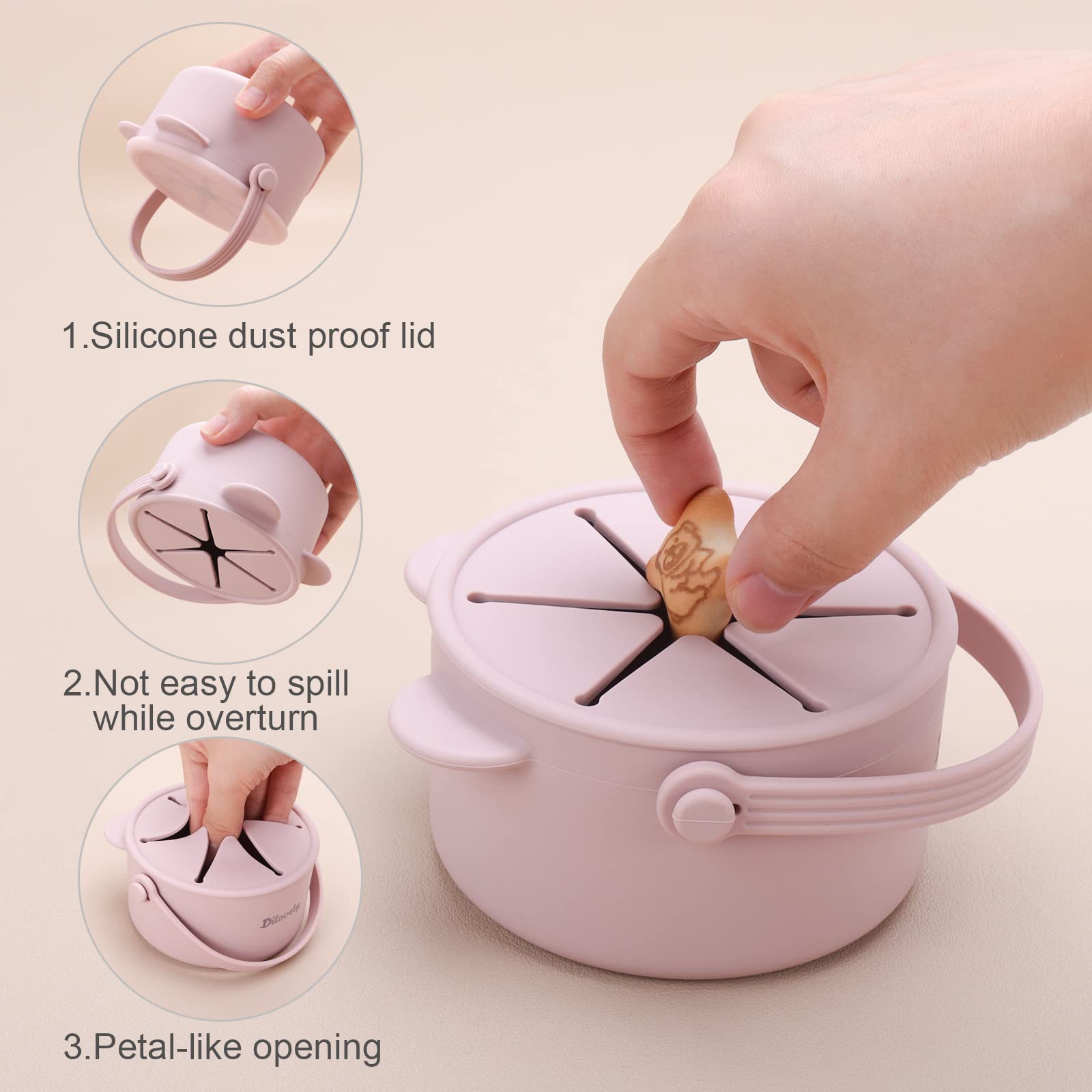 Dilovely Snack Cups for Toddlers, Baby Snack Containers, Silicone Toddler Snack Cups No Spill, Food Catcher with Lid & Bucket-like Handle, BPA Free & Dishwasher Safe, 9 Ounce Lilac