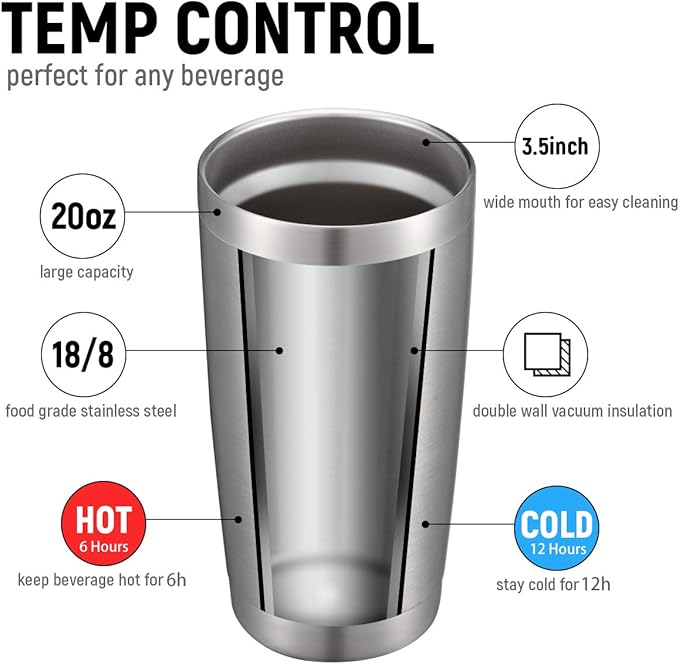 COMOOO 20oz Stainless Steel Tumbler Bulk Double Wall Vacuum Coffee Cup Insulated Travel Mug with Lid and Straw Durable Powder Coated Insulated Coffee Cup for Cold & Hot Drinks (silver, 8 pack