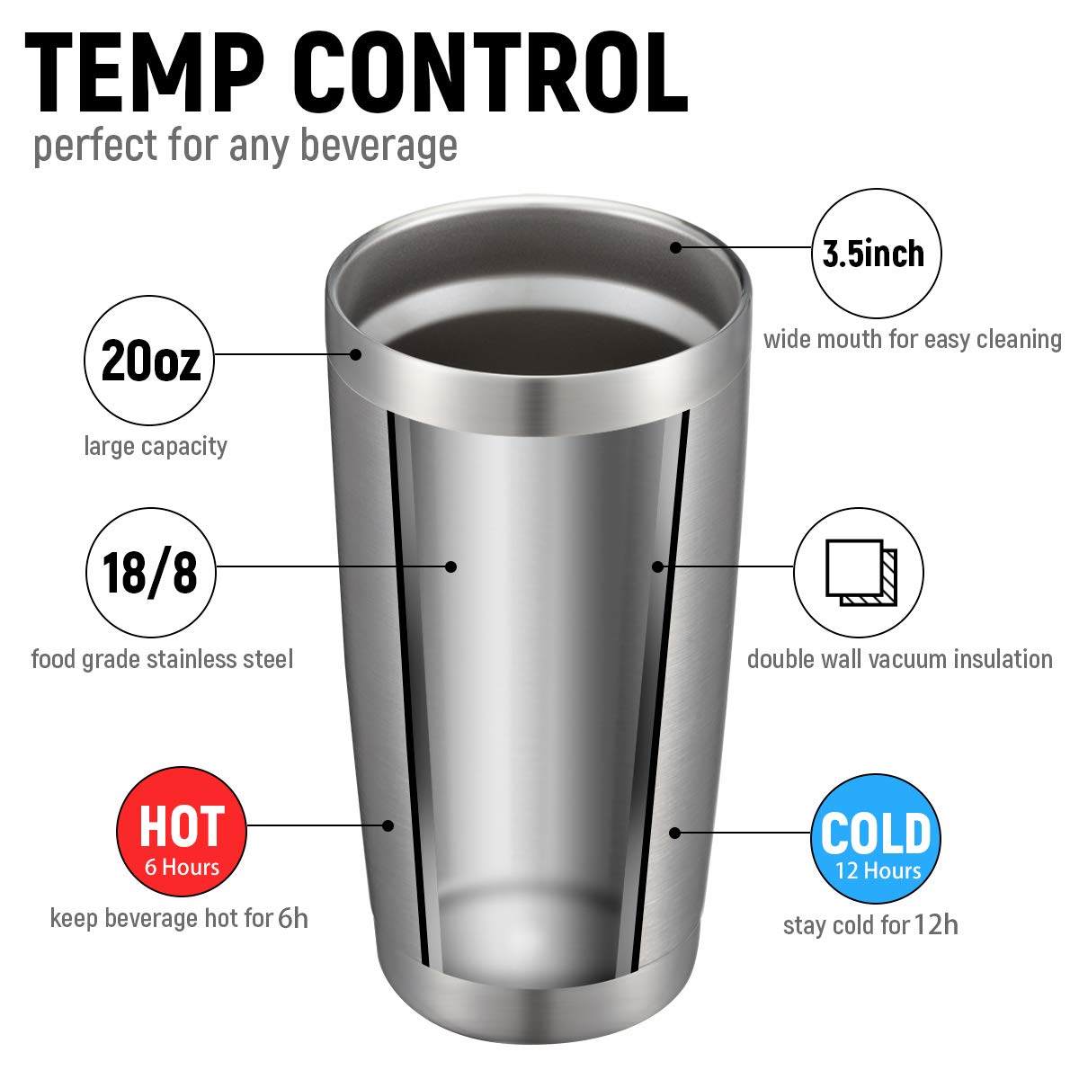 COMOOO 20oz Stainless Steel Tumbler Double Wall Vacuum Coffee Cup Insulated Travel Mug with Lid and Straw Durable Powder Coated Insulated Coffee Cup for Cold & Hot Drinks (Silver, 12 pack