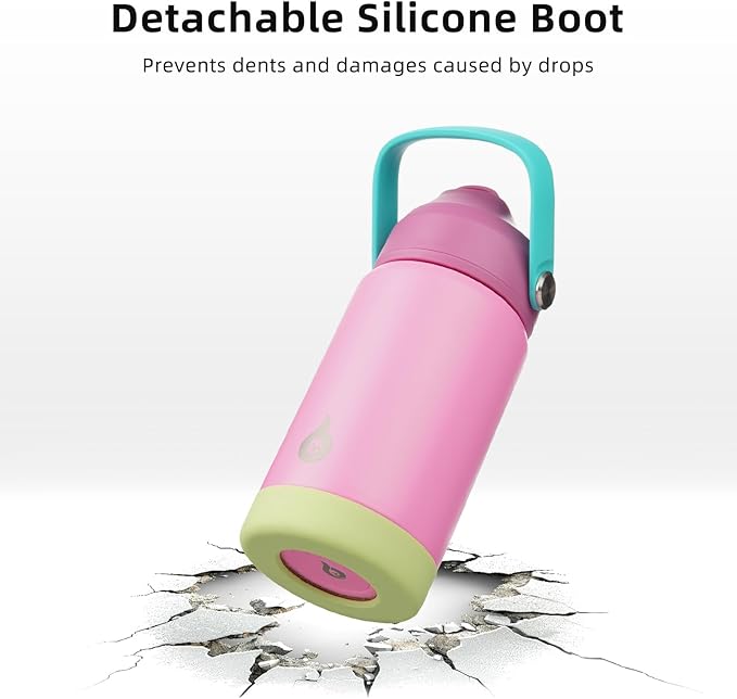 BJPKPK Insulated Water Bottle with Straw Lid, 12oz Thermos Water Bottles, Flex Handle & Non-slip Boot, BPA Free Leak Proof Stainless Steel Metal Thermos, Tumblers, Cups,Rose Pink