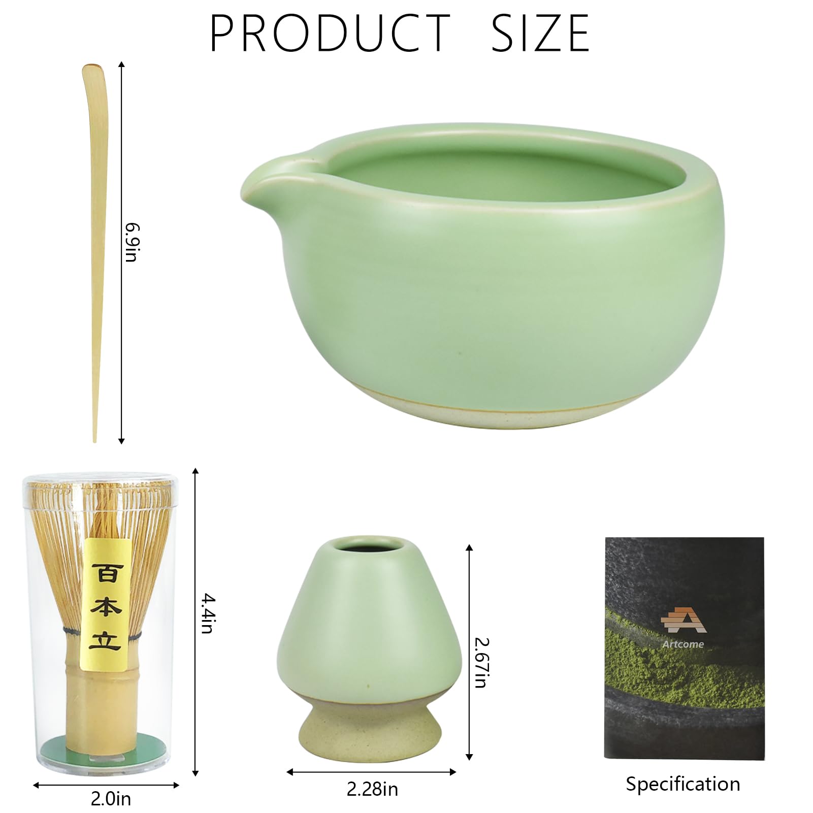 Artcome 4 Pcs Complete Matcha Ceremony Kit - Japanese Bowl With Pouring Spout, Whisk, Holder, Scoop - Tea Set for Making Usucha, Koicha and Latte (Green)