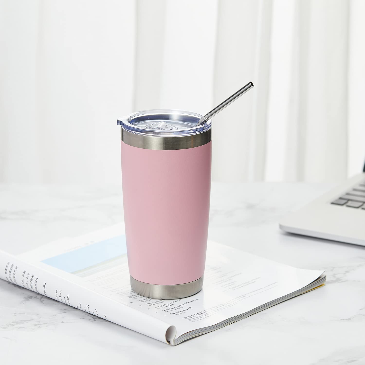 COMOOO 20oz Double Wall Vacuum Insulated Travel Mug Stainless Steel Tumbler with Lid and Straw Durable Powder Coated Insulated Coffee Cup for Cold & Hot Drinks (Pink, 12 pack