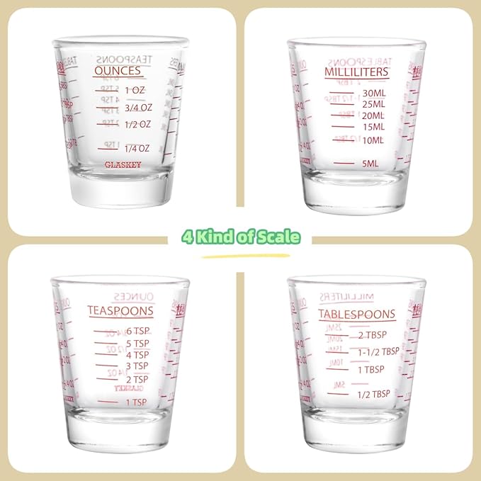 2 Pack Shot Glasses Measuring Cup,Espresso Shot Glass with 4 Kind of Scale (OZ/ML/TSP/TBSP),Dishwasher Safe,Perfect for Coffee,Cocktails and Kitchen Use (Red)