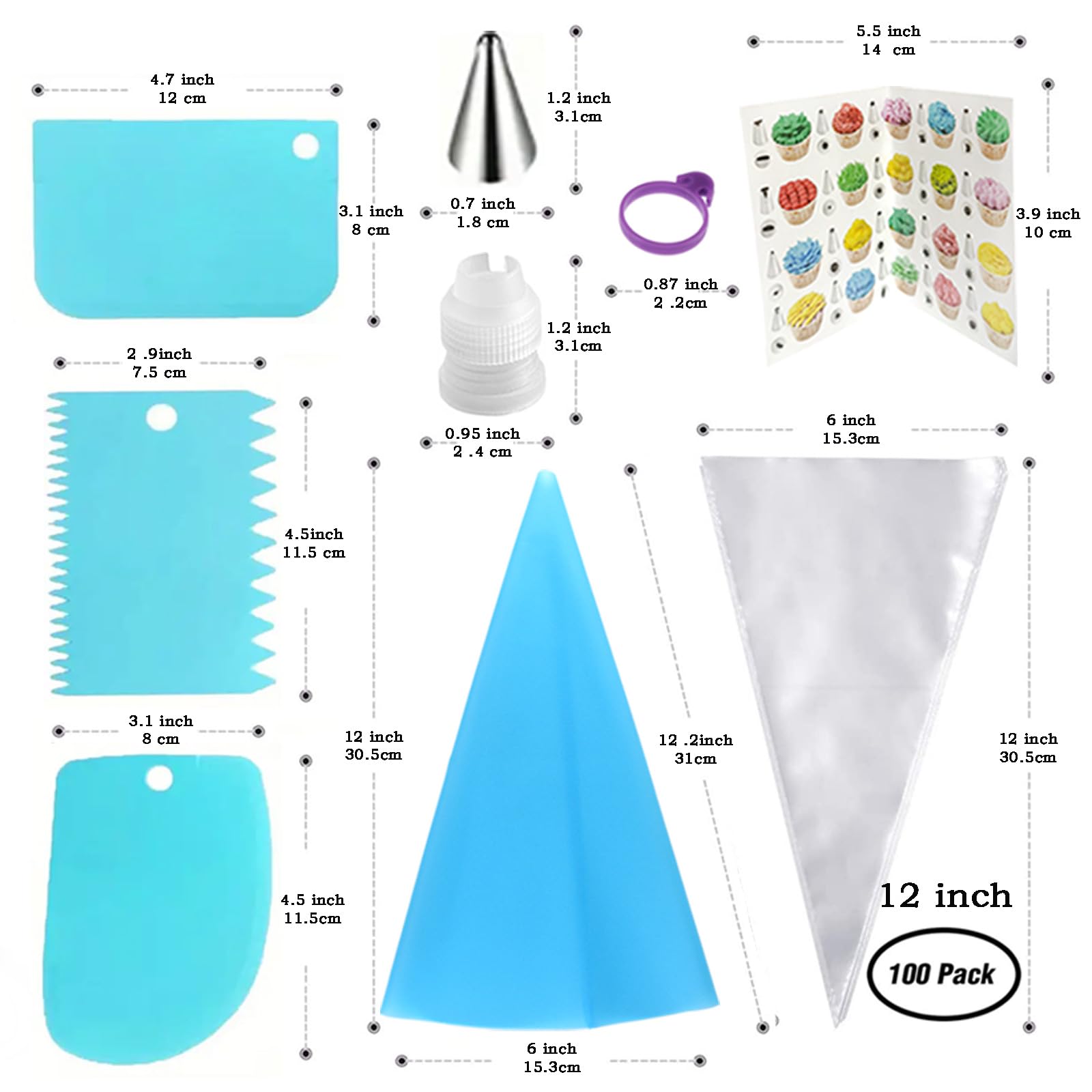 Piping Bags and Tips Set, 100PCS 12 Inch Disposable Pastry Bags with Tips Cupcake Frosting Piping Kit Cookie Decorating Supplies, Royal Icing Bags and Tips Set for Cake Decorating Baking Tools