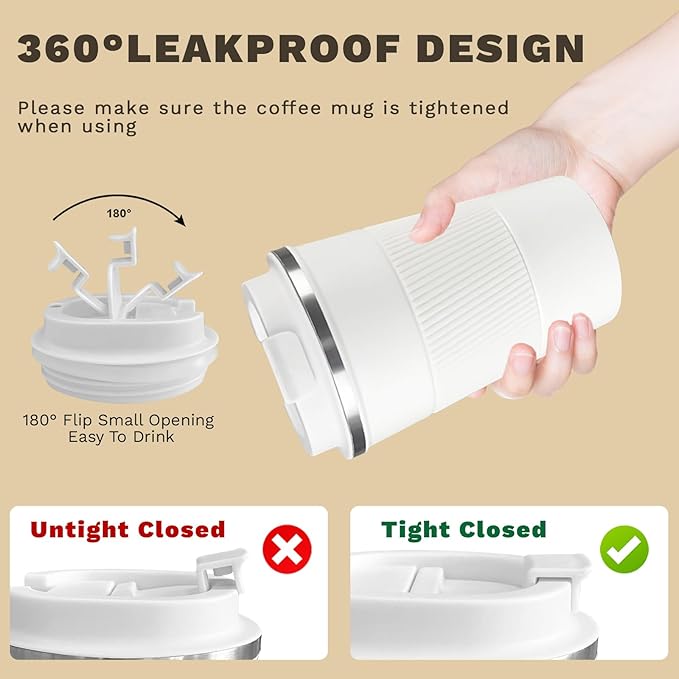Vacuum-Insulated Stainless Steel Travel Coffee Mug, Leak-Proof Reusable Coffee Cup with Lid - Keep Hot & Cold Drinks for Hours, Durable Thermos Tumbler for Men & Women (3rd-White, 12OZ)