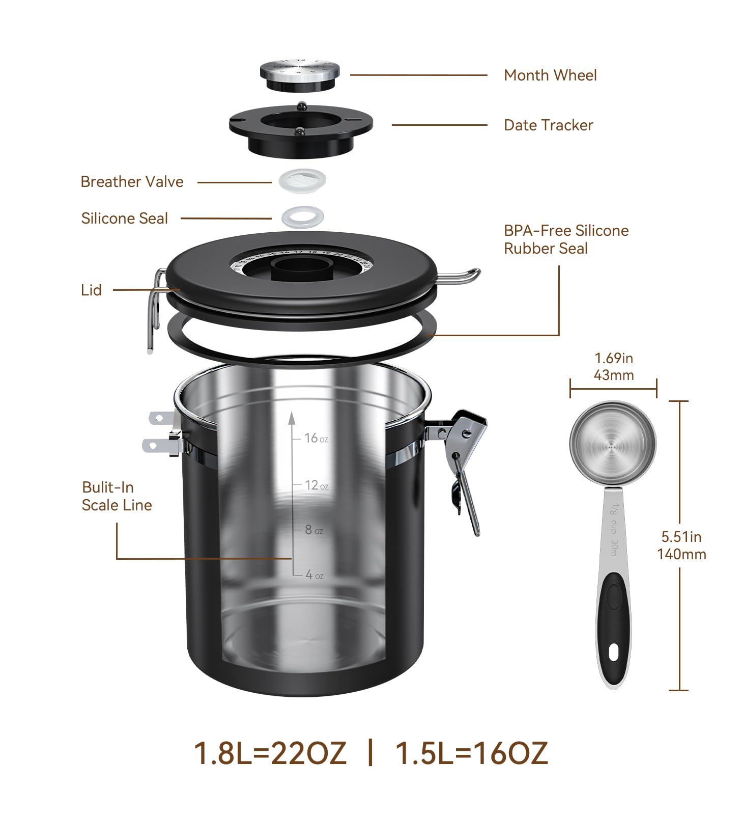 NORIRUN Coffee Canister With Window,16oz Stainless Steel Airtight Coffee Bean Storage Grounds Container with Date Tracker and Scoop,Grounds Kitchen Food Canister Jar for Beans,Tea,Sugar,Flour,Cereal