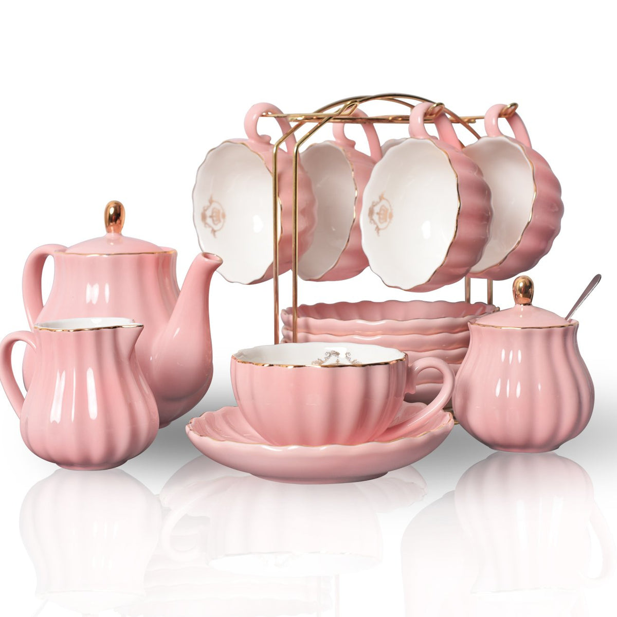 Sweejar Porcelain Tea Sets British Royal Series, 8 OZ Cups & Saucer Service for 6, with Teapot Sugar Bowl Cream Pitcher Teaspoons and Tea Strainer, Suitable for High Tea, Wedding, Party(Blush Pink)