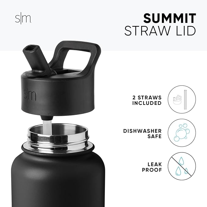 Simple Modern Water Bottle with Straw Lid Vacuum Insulated Stainless Steel Metal Cup Bottles | Reusable Leak Proof BPA-Free Flask for Gym Sports | Summit Collection | 22oz, Midnight Black