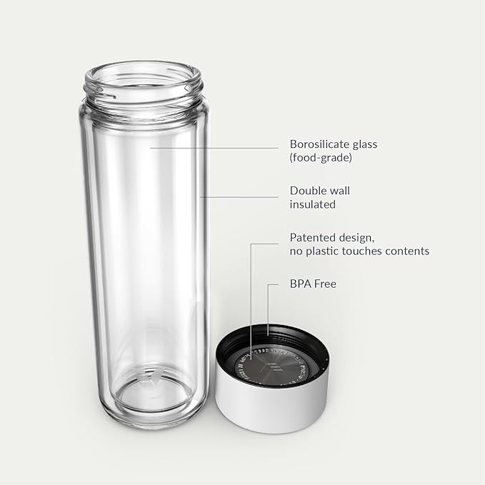 Glass Multi Tea Infuser Bottle 14oz - Double Wall Borosilicate Glass Flask | No Plastic Touches Contents | Perfect for Office or Home - White