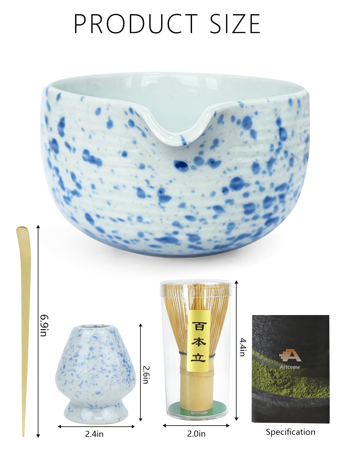 Artcome Matcha Tea Set - Ceramic Matcha Bowl with Pouring Spout, Bamboo Whisk, Whisk Holder, Tea Scoop & Matcha Manual - Complete Traditional Japanese Tea Ceremony Kit for Home, Office, or Gift, Blue