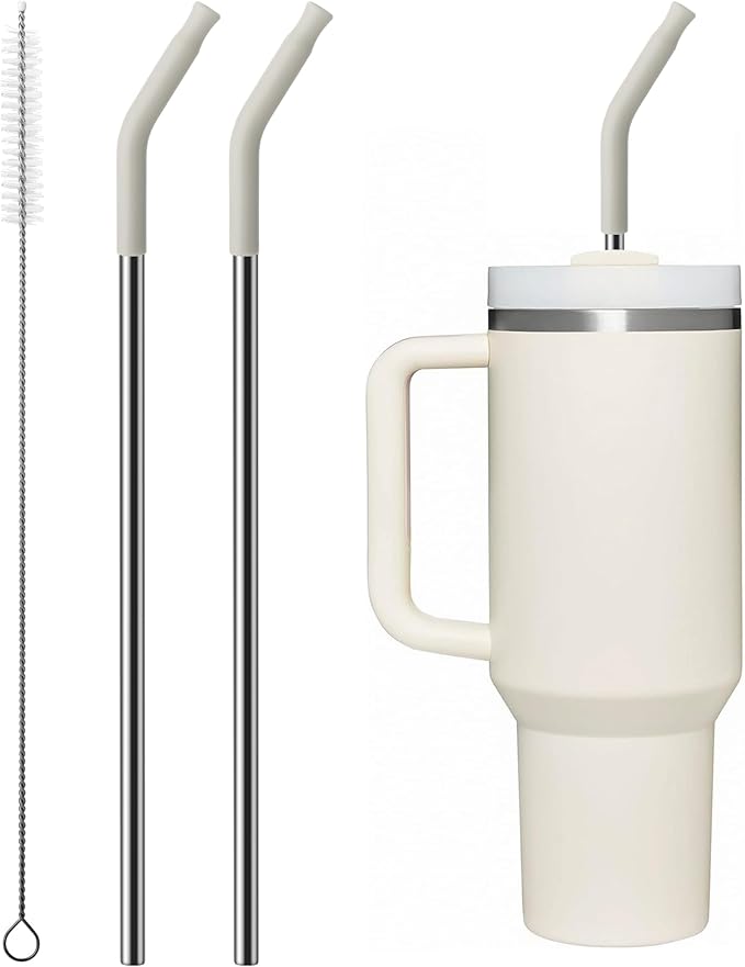 Metal Straw with Silicone Tip for 40oz Stanley Cup, 2 Pcs Stainless Steel Straws Replacement for Stanley 40 oz Adventure Quencher Travel Tumbler Cup, 1 Straw Brush (Cream Grey)