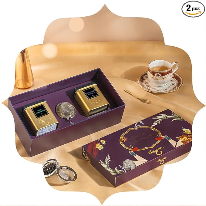 CHAYAM Blissful Infusion – Lavender Vanilla (1.76oz) & Pure Chamomile (1.1oz) Wellness Tea Gift Set + Infuser Loose Leaf Black & Herbal Tea Tin Caddies | For Better Sleep & Relaxation