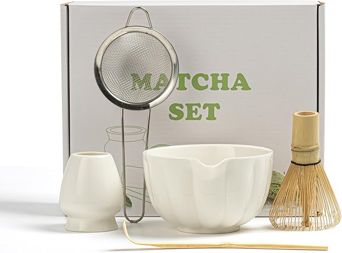 Matcha Whisk Set, Matcha Bowl with Spout, Matcha Whisk, Chasen Holder, Sifter, Bamboo Scoop - 5 Pcs Perfect Matcha Making Kit for Matcha Lover and Tea Ceremony (Pearl White)