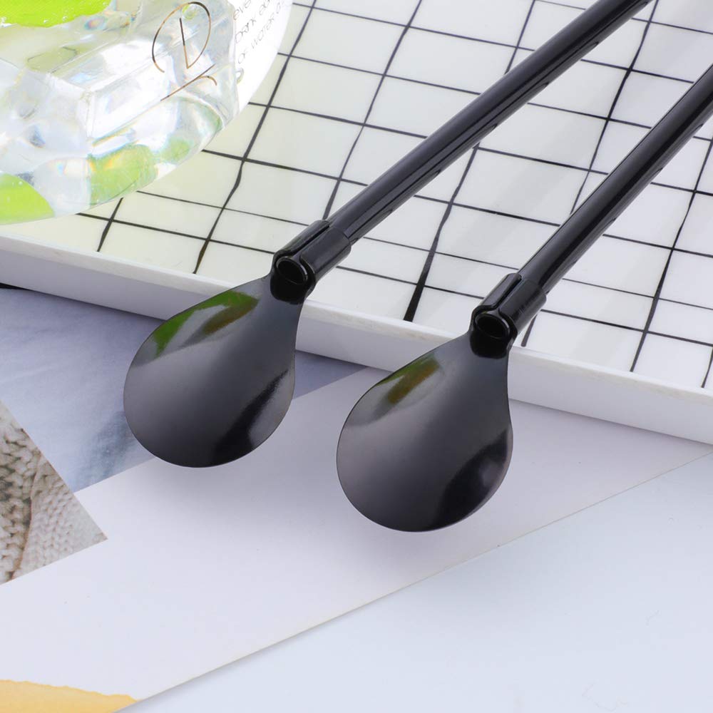Straw Spoon, 8PCS 8.5inch 18/8(304) Stainless Steel Metal Straws Spoon Reusable Straws Spoon + 2 Brushes（Black）