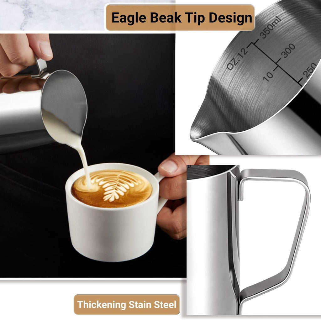 Milk Frothing Pitcher, 350ml/12oz Milk Frother Cup Stainless Steel Jug Steaming Pitcher, Milk Coffee Cappuccino Latte Art Barista Steam Pitchers Milk Jug Cup with Decorating Pen