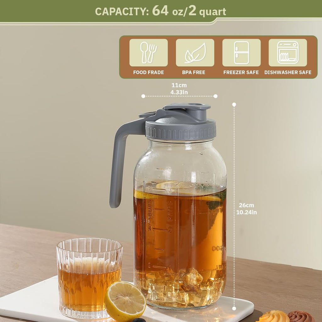 Naivees Glass Tea Pitcher with Wide Mouth Airtight Lid Leak Proof Fridge Container with Gray Lid Mason Jar for Water, Tea,Juice and Drinks (2 Pack-64OZ)