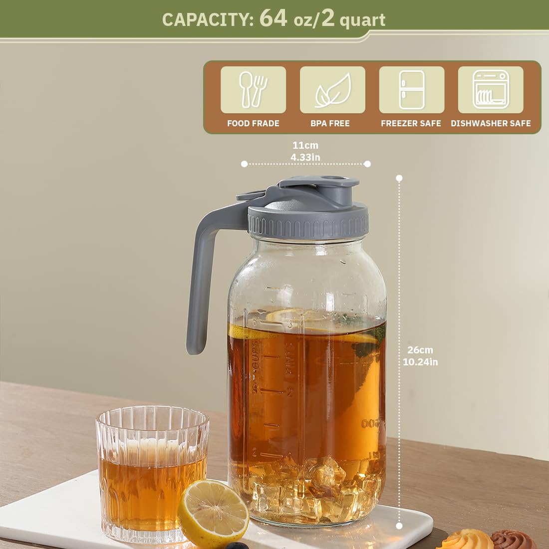 Naivees Glass Tea Pitcher with Wide Mouth Airtight Lid Leak Proof Fridge Container with Gray Lid Mason Jar for Water, Tea,Juice and Drinks (2 Pack-64OZ)