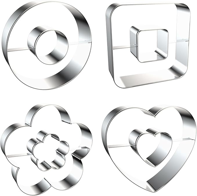Large Size Donut Design Cookie Cutters Set of 4 pcs, Stainless Steel 4 Shapes Cream-filled Doughnut Fondant Cutter Molds Baking DIY (Round + Square + Heart + Flower)