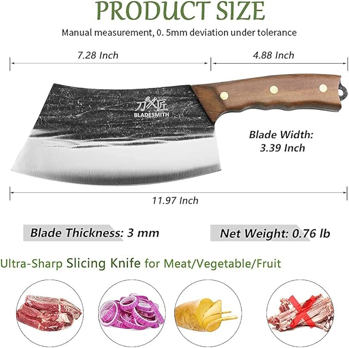 BLADESMITH 7" Chinese Chef Cleaver Knife – Forged High Carbon Steel, Professional Butcher Knife, Lightweight Design for Effortless Chopping, Full Tang with Pearwood Handle – 2024 Kitchen Gifts