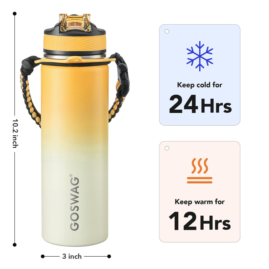 GOSWAG 24oz Insulated Stainless Steel Travel Water Bottle, 2 Lids