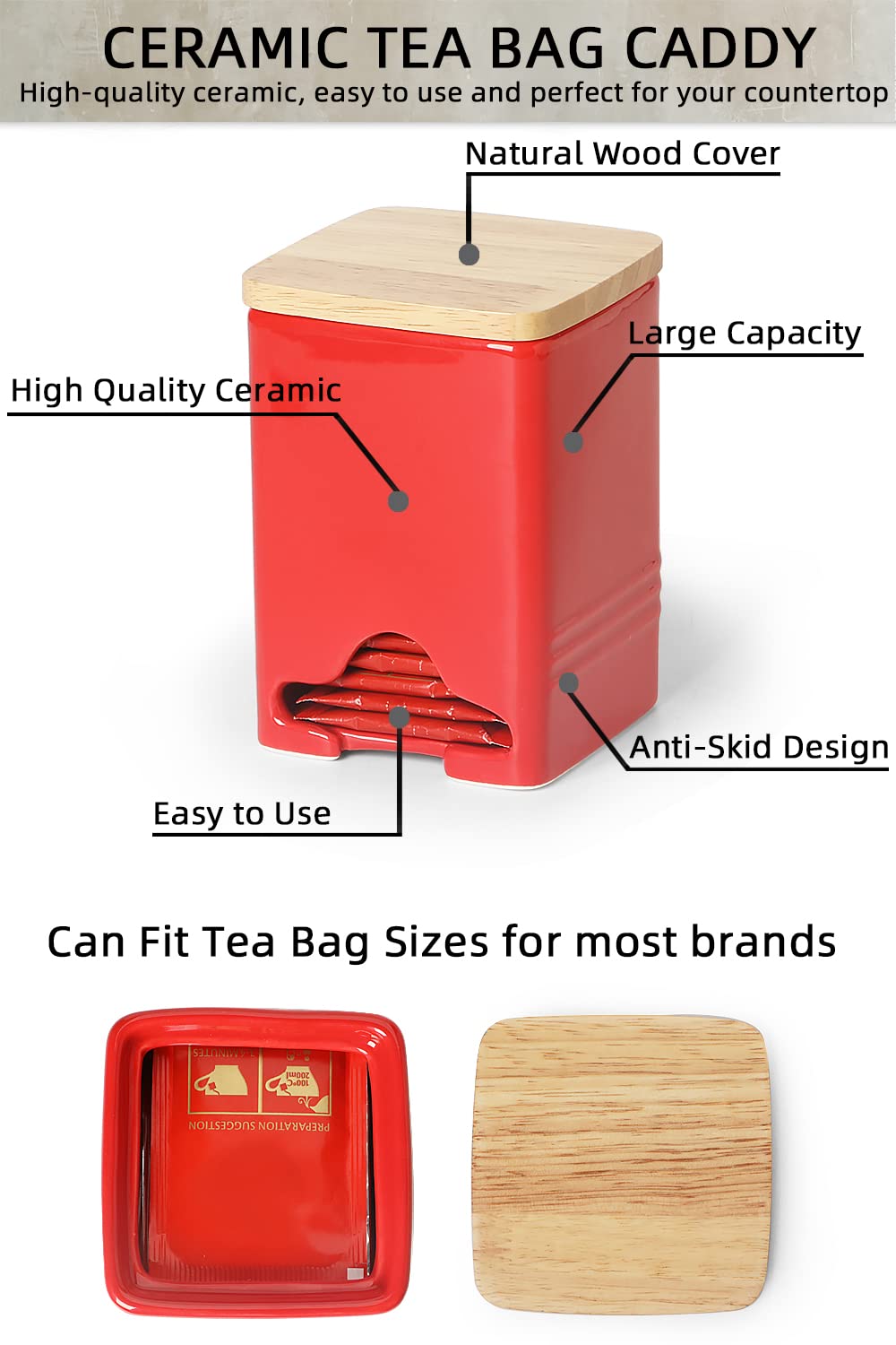 QUXIJA Ceramic Tea Bag Storage Organizer Caddy Holder with Lid (Red)