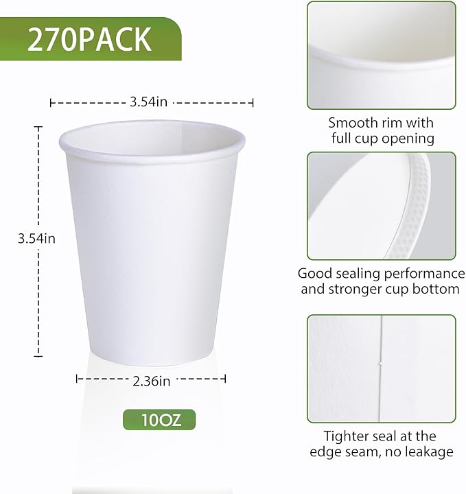 LITOPAK 270 Pack 10 oz Disposable Paper Coffee Cup, Drinking Cups for Water, White Paper Hot Coffee Cups, Suitable for Party, Picnic, Travel, and Events