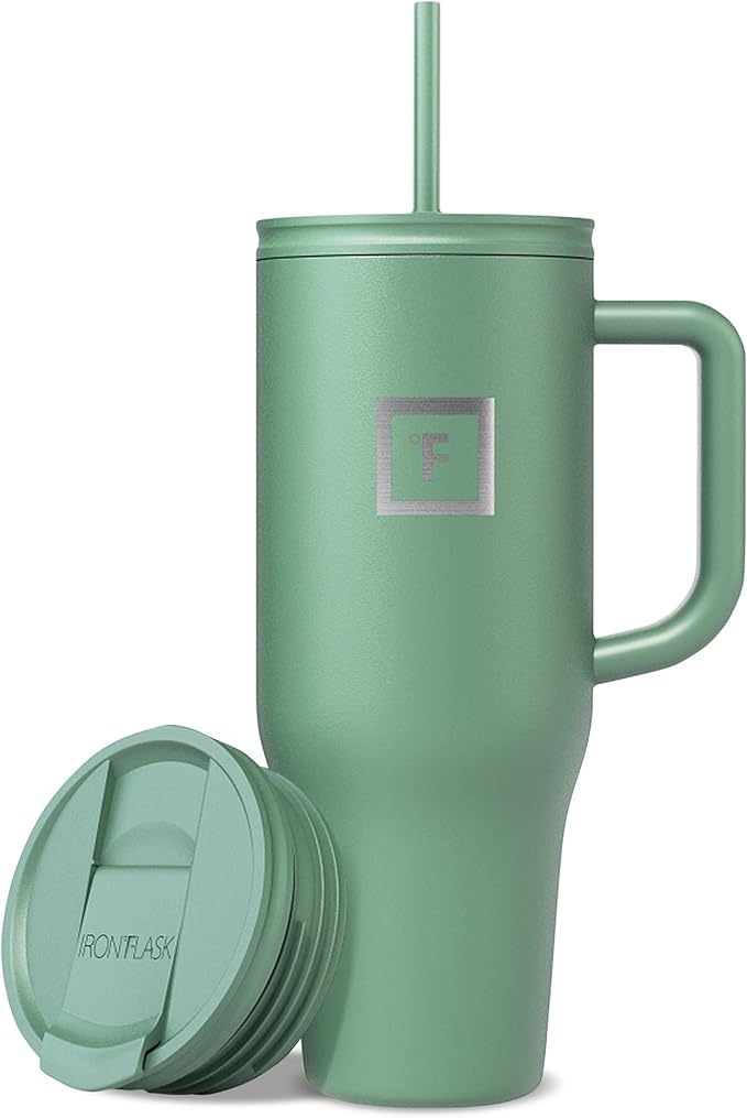 IRON °FLASK Co-Pilot Insulated Mug w/Straw & Flip Cap Lids - Cup Holder Bottle for Hot, Cold Drink - Leak-Proof- Water, Coffee Portable Travel Tumbler - Sage, 40 Oz