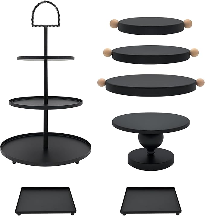 Set of 7 Black Cake Stands Metal Dessert Display Holder Round 3 Tier Cupcake Stand Serving Tray Platter Cake Pedestal Stand for Party Weddings Birthday Baby Showers Anniversary