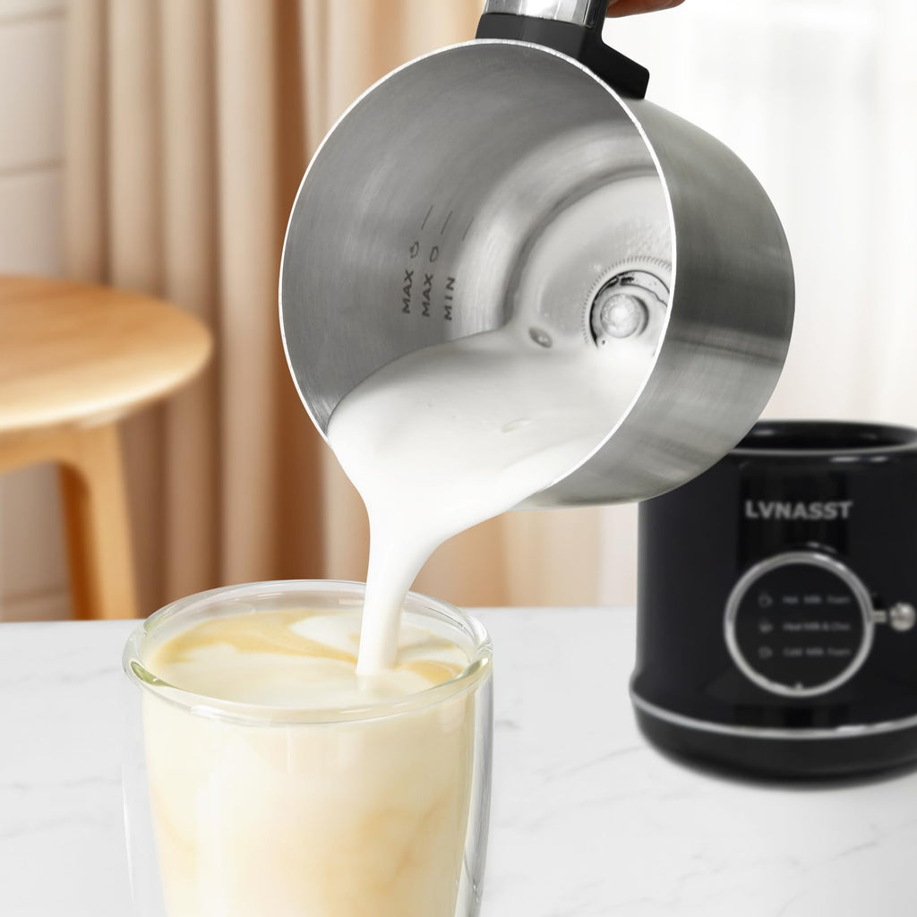 LVNASST Milk Frother Warmer 3in1 Electric Milk Steamer Stainless Steel Foam Maker, 12oz Hot Cold Frothing, Thick Foam for Macchiatos, Cappuccinos (Black)
