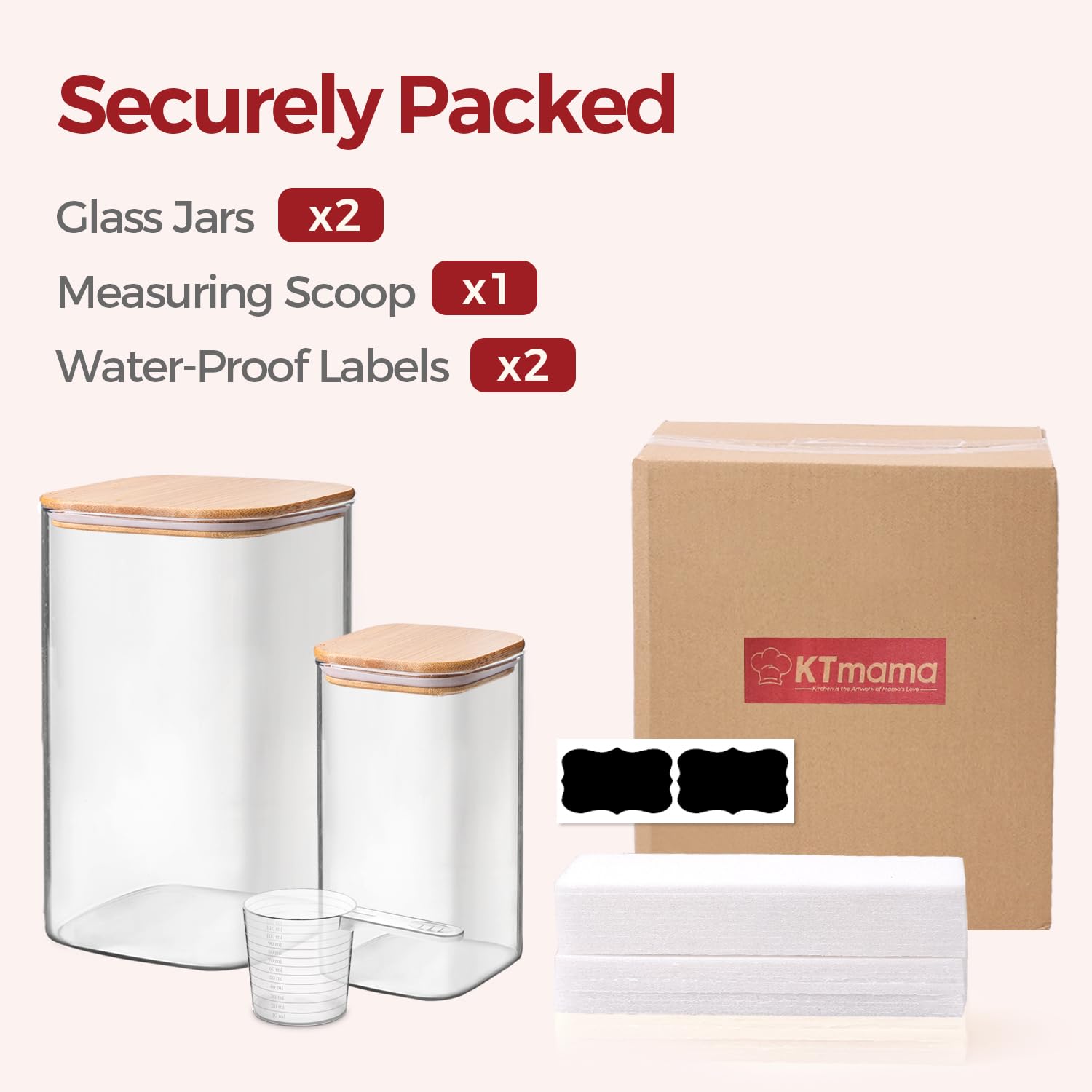 KTMAMA Glass Flour Containers with Bamboo Lids 1.6/4.6 Qt 2 Pack