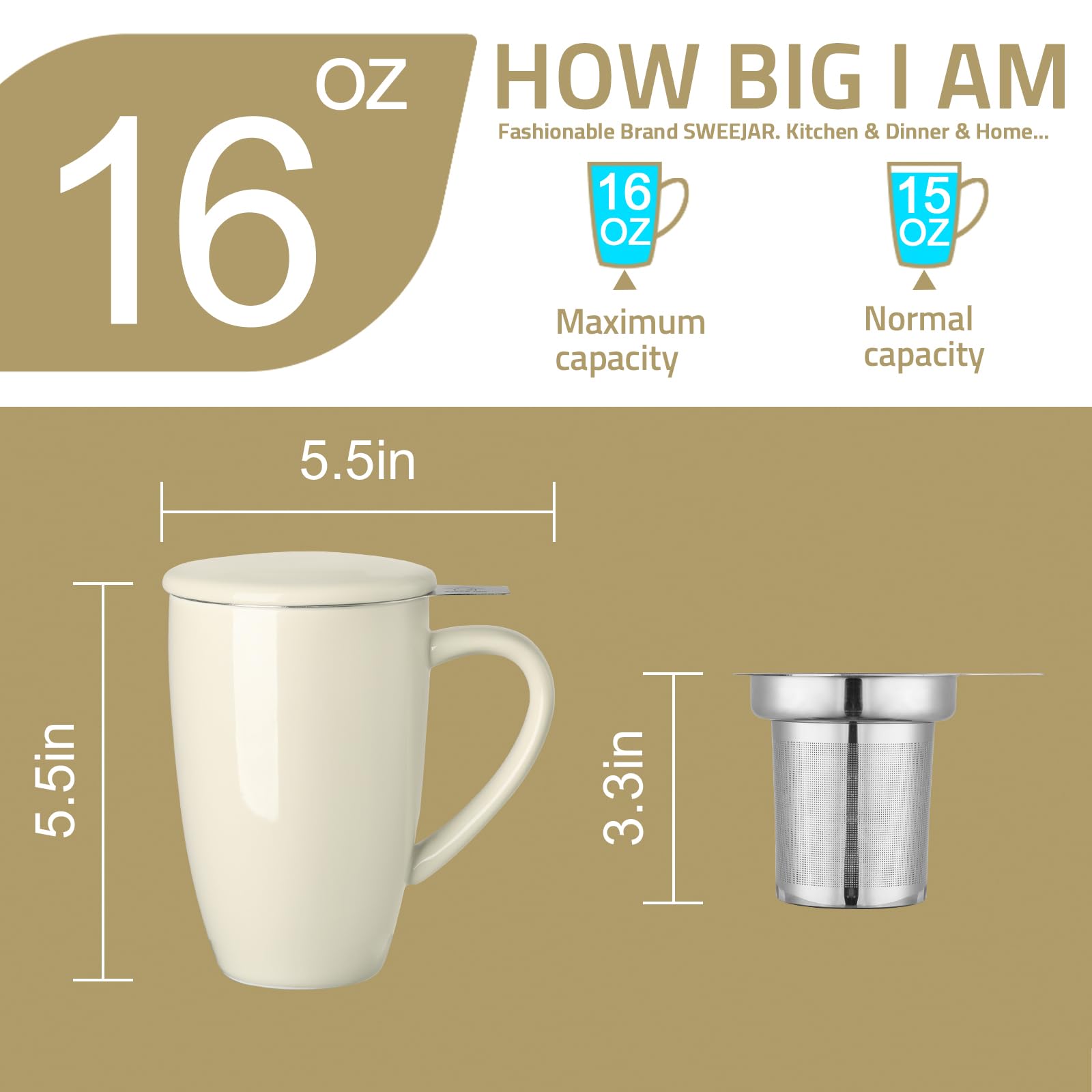 Sweejar Porcelain Tea Mug with Infuser and Lid,Teaware with Filter, Loose Leaf Tea Cup Steeper Maker, 16 Fl Oz for Tea/Coffee/Milk/Women/Office/Home/Gift (Beige)