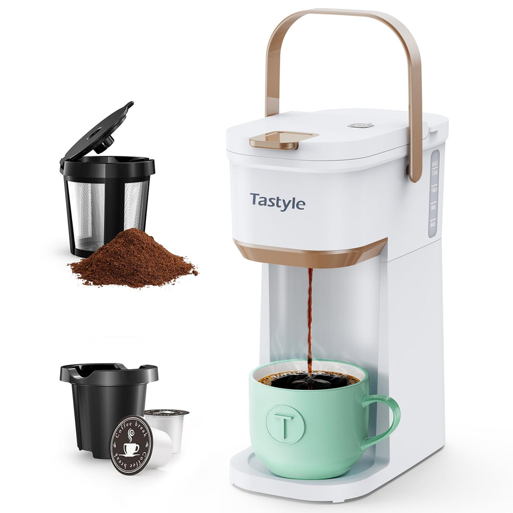 Tastyle Mini Single Serve Coffee Maker for K Cups and Grounds with Handle