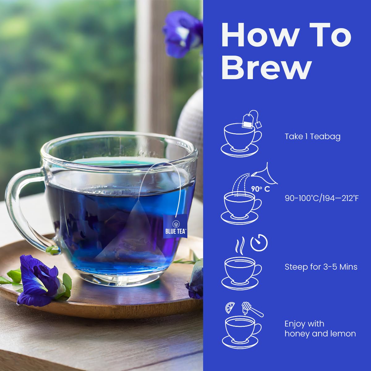 BLUE TEA - Butterfly Pea Flower Tea - 15 Count - Pyramid Plant Based Tea Bag | ANTIOXIDANT RICH | Herbal Tea - Caffeine Free - Detox Tea - Flower Based - Non Bitter | Reusable Tin Pack