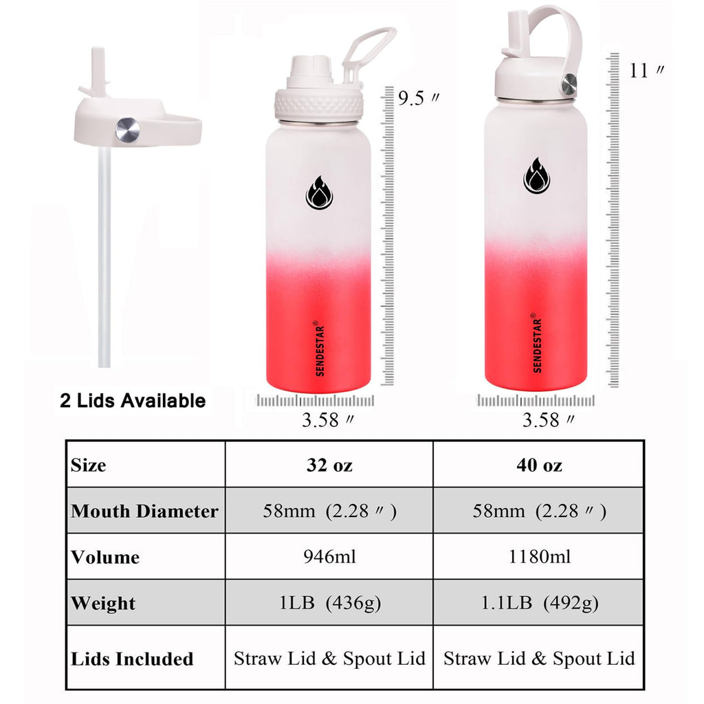 SENDESTAR Water Bottle 32oz Double Wall Vacuum Insulated Leak Proof Stainless Steel Sports Water Bottle—Wide Mouth with New Flex Straw Lid & Spout Lid (White&Red)