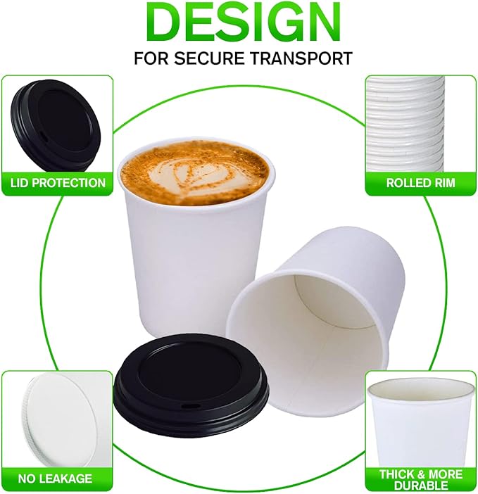 Smygoods White Disposable Paper Coffee Cups with Lids (10 OZ, 100 Count) For Hot Beverages, Tea, Espresso, Cocoa - To Go Drink Containers, Café & Office